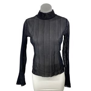 Fanco Women's Black Sheer Mesh Pleated Mock Neck Long Sleeve Blouse Top Size M